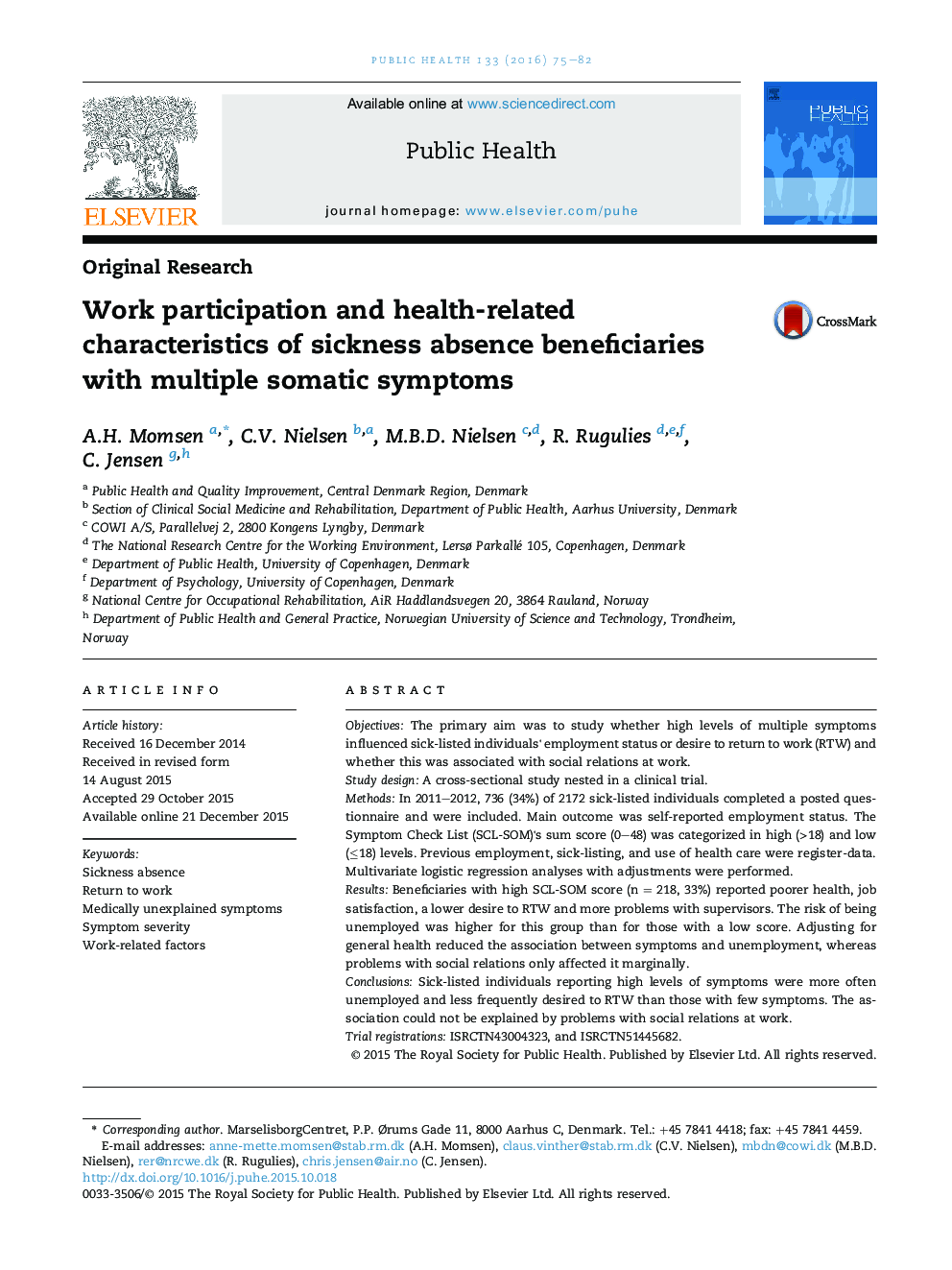 Work participation and health-related characteristics of sickness absence beneficiaries with multiple somatic symptoms