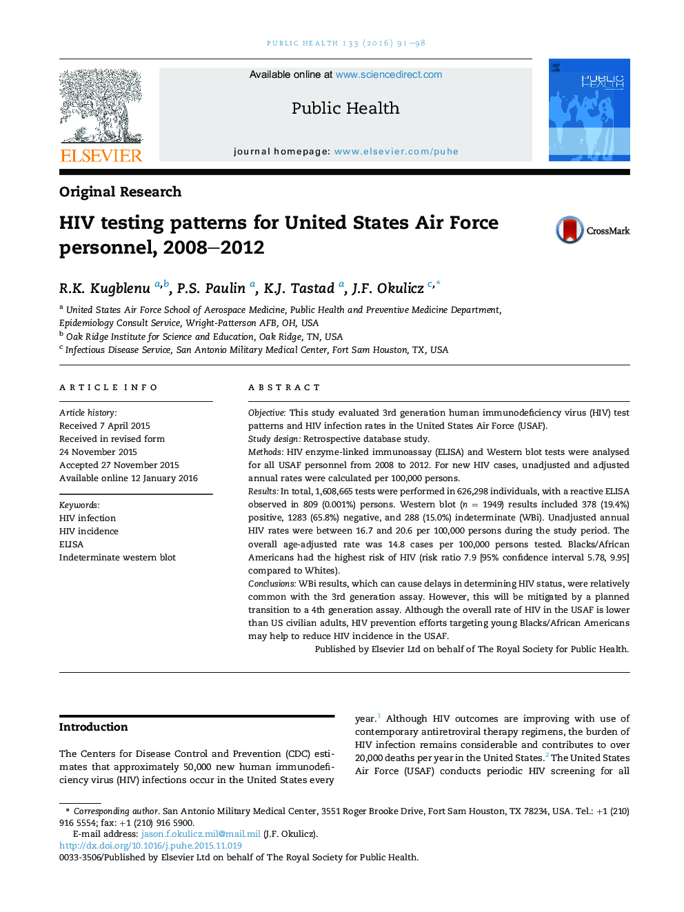 HIV testing patterns for United States Air Force personnel, 2008-2012