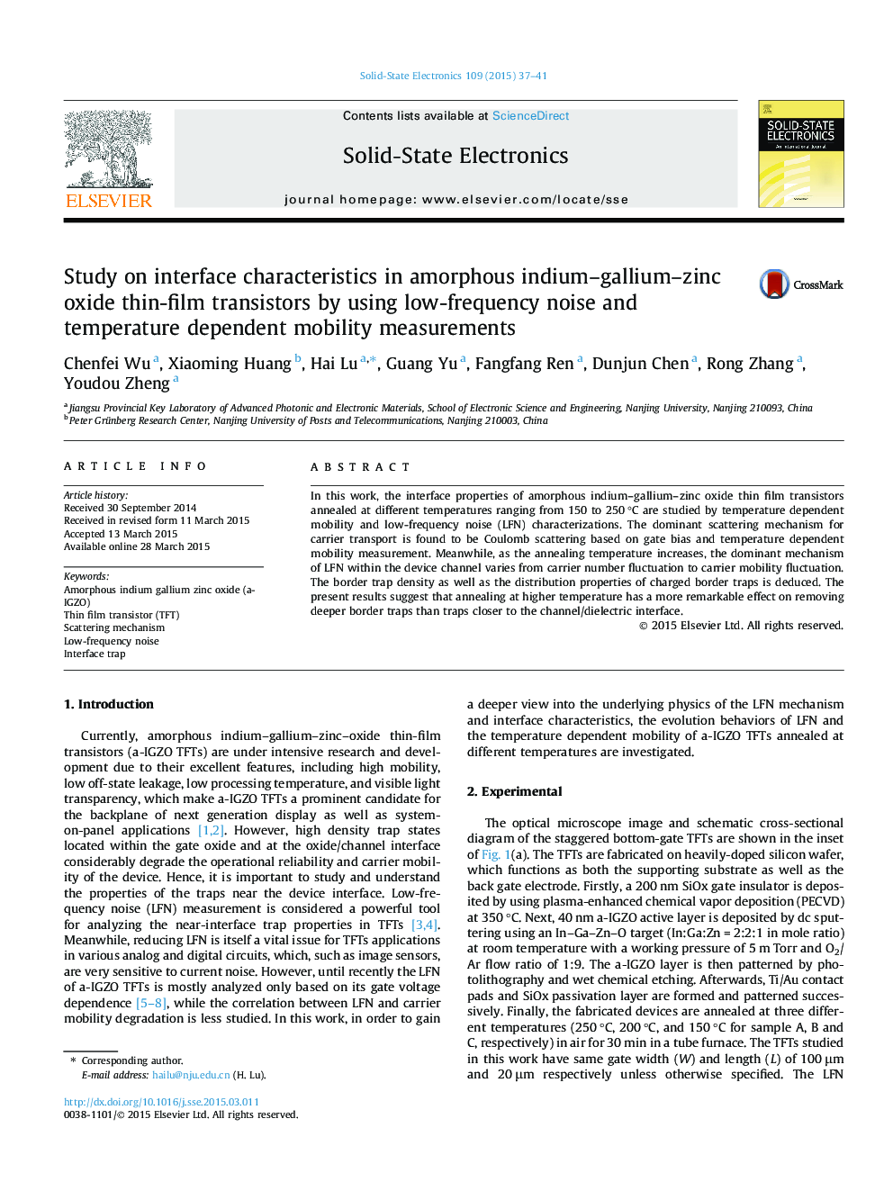 Study on interface characteristics in amorphous indium–gallium–zinc oxide thin-film transistors by using low-frequency noise and temperature dependent mobility measurements