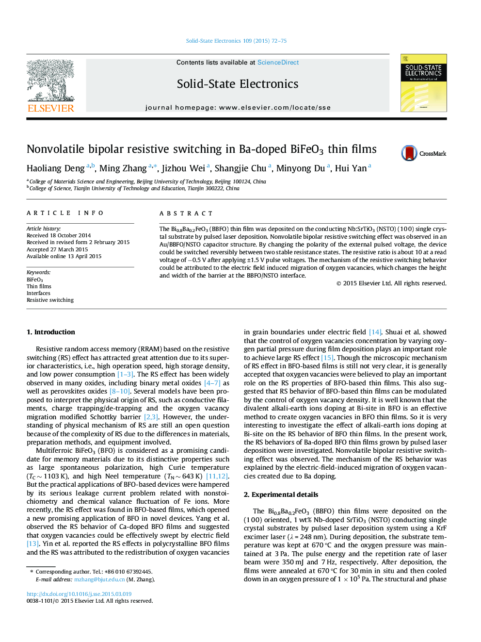 Nonvolatile bipolar resistive switching in Ba-doped BiFeO3 thin films