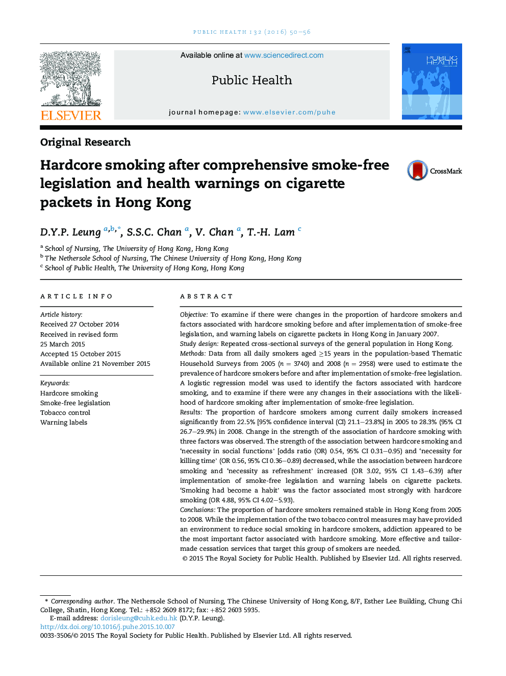 Hardcore smoking after comprehensive smoke-free legislation and health warnings on cigarette packets in Hong Kong