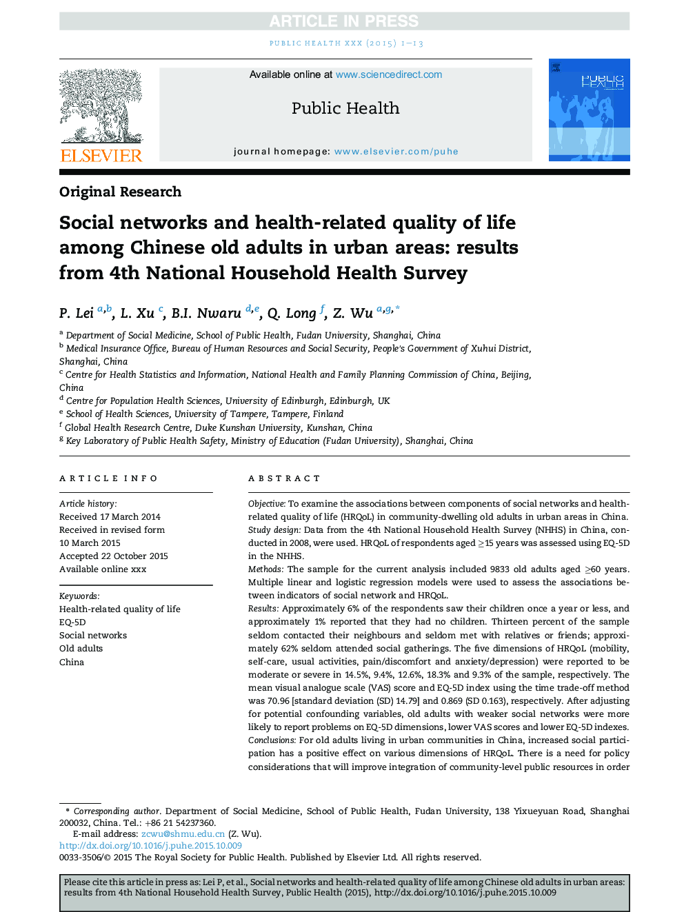 شبکه های اجتماعی و کیفیت زندگی مرتبط با سلامت در میان بزرگسالان چینی در مناطق شهری: نتایج چهارمین بررسی ملی بهداشت عمومی 