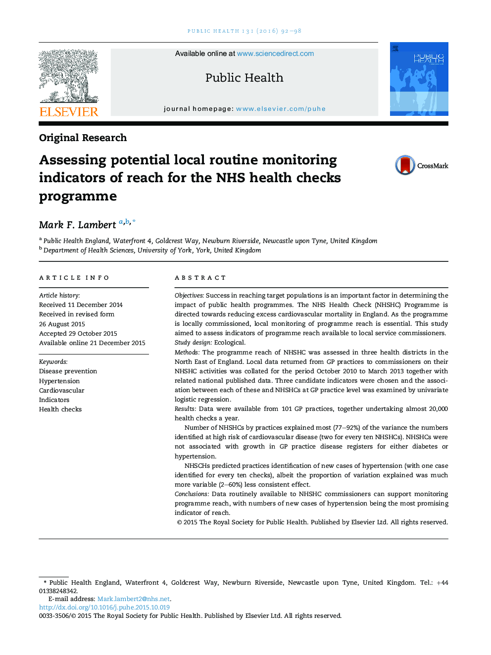 Assessing potential local routine monitoring indicators of reach for the NHS health checks programme