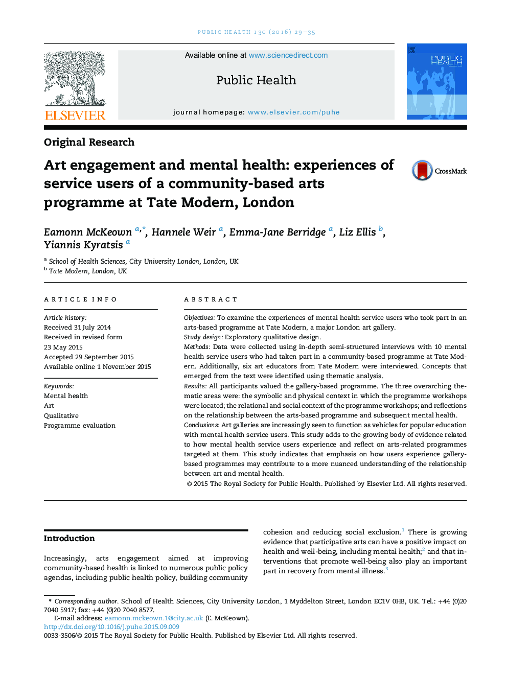 Art engagement and mental health: experiences of service users of a community-based arts programme at Tate Modern, London