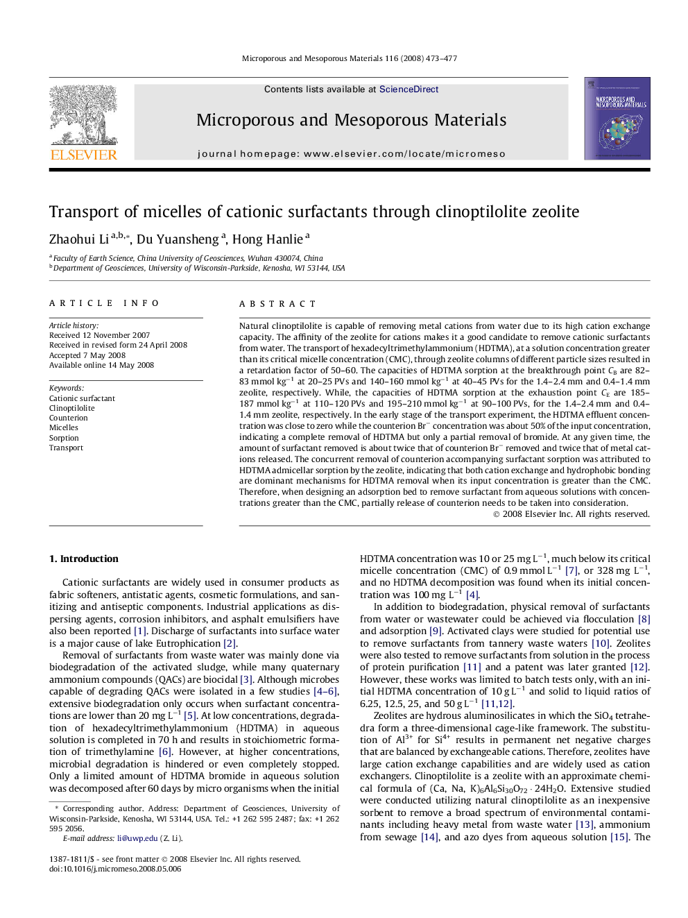 Transport of micelles of cationic surfactants through clinoptilolite zeolite