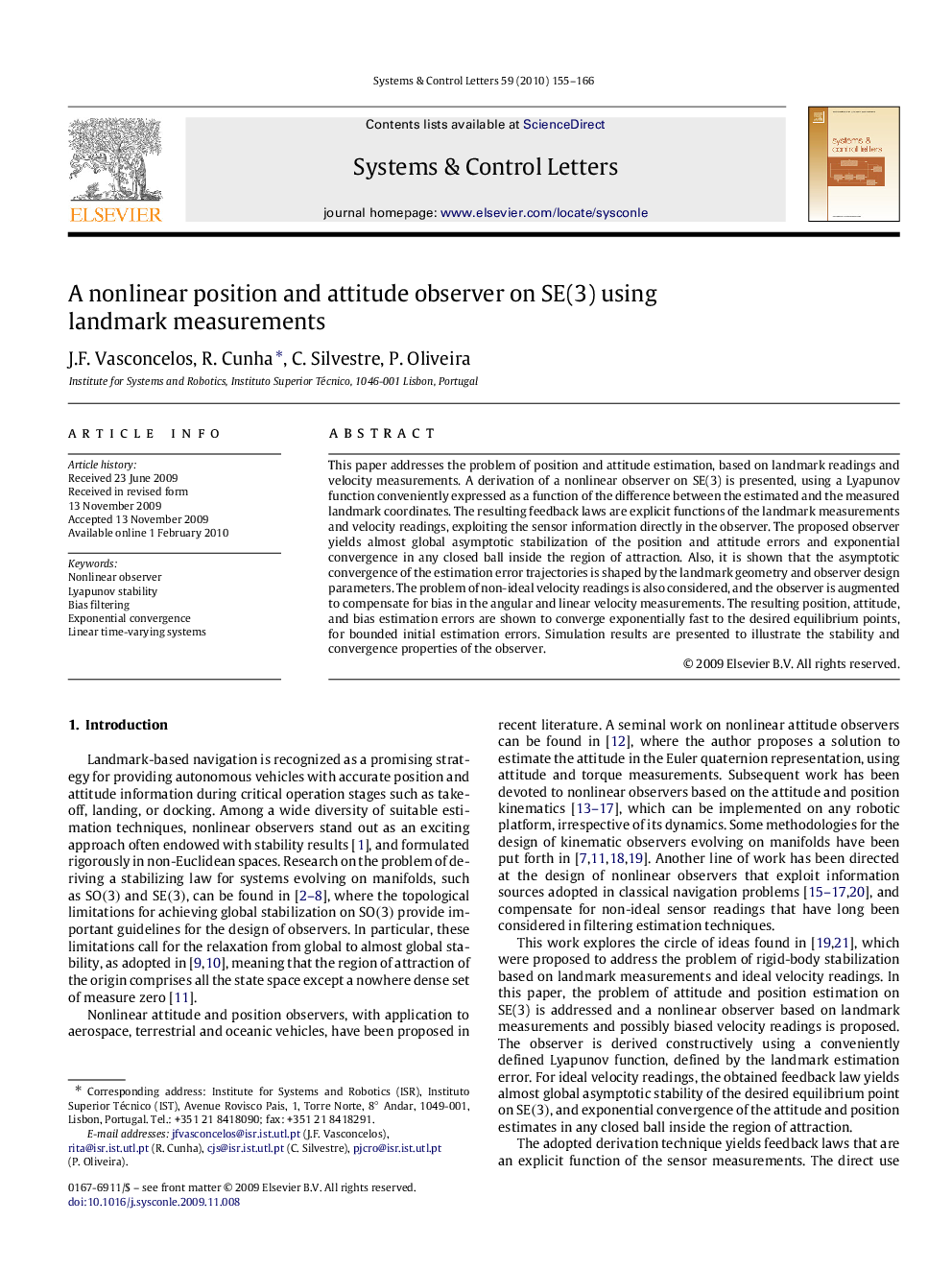 A nonlinear position and attitude observer on SE(3) using landmark measurements