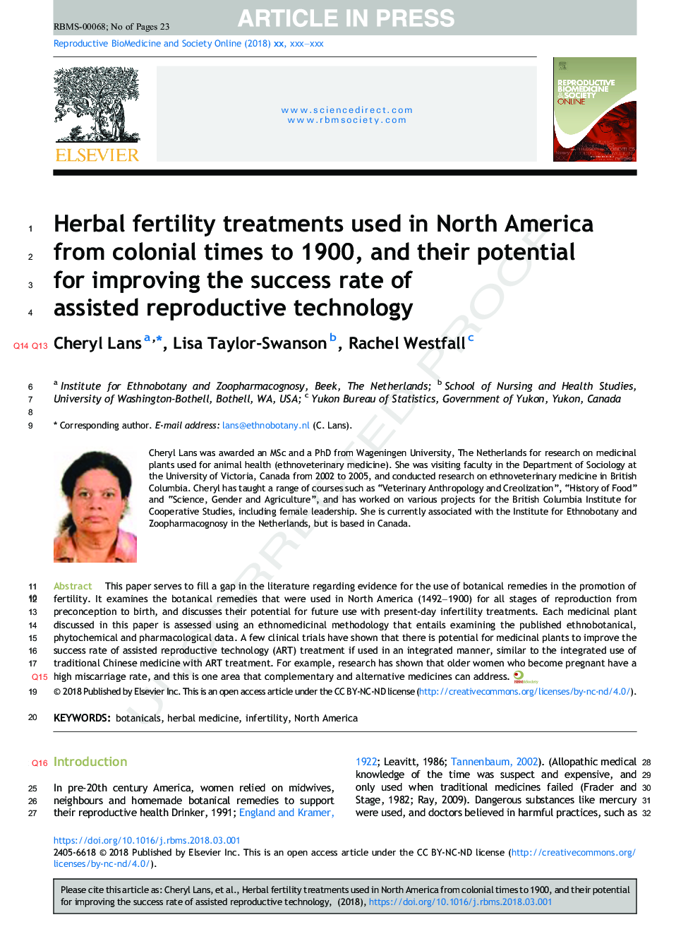 Herbal fertility treatments used in North America from colonial times to 1900, and their potential for improving the success rate of assisted reproductive technology
