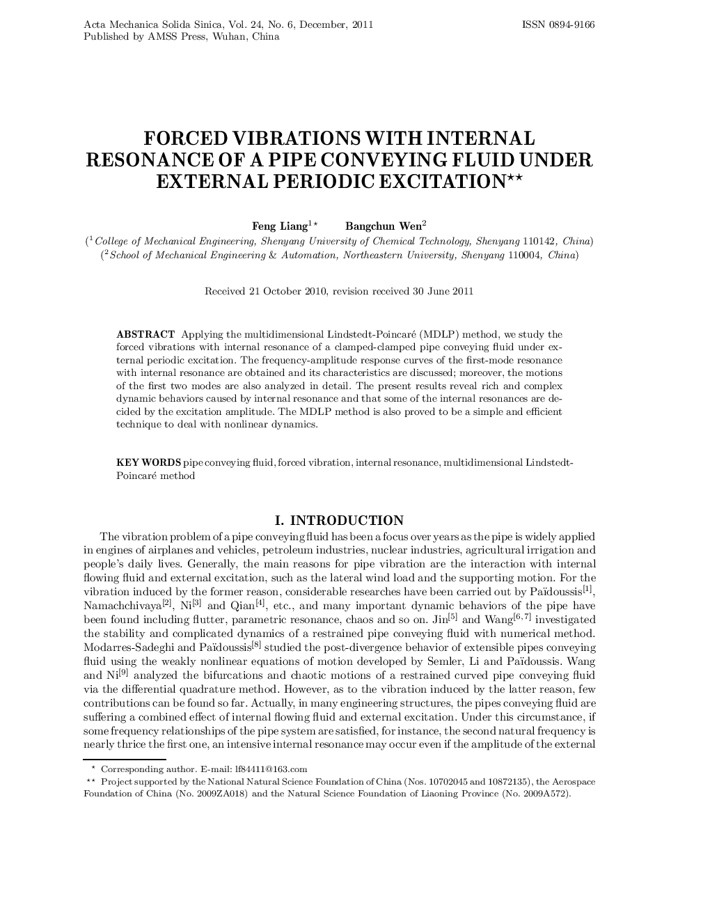 عکس صفحه اول مقاله: Forced vibrations with internal resonance of a pipe conveying fluid under external periodic excitation Forced vibrations with internal resonance of a pipe conveying fluid under external periodic excitation