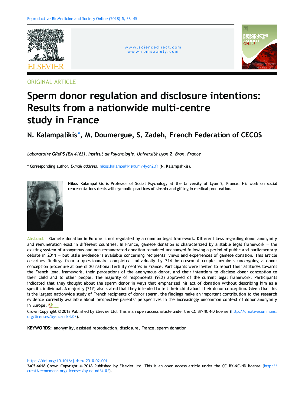 Sperm donor regulation and disclosure intentions: Results from a nationwide multi-centre study in France