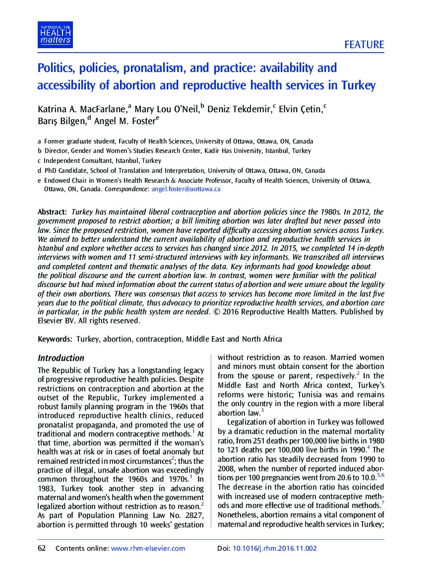 سیاست، پروانالیزاسیون و عمل: در دسترس بودن و دسترسی سقط جنین و خدمات بهداشت باروری در ترکیه 