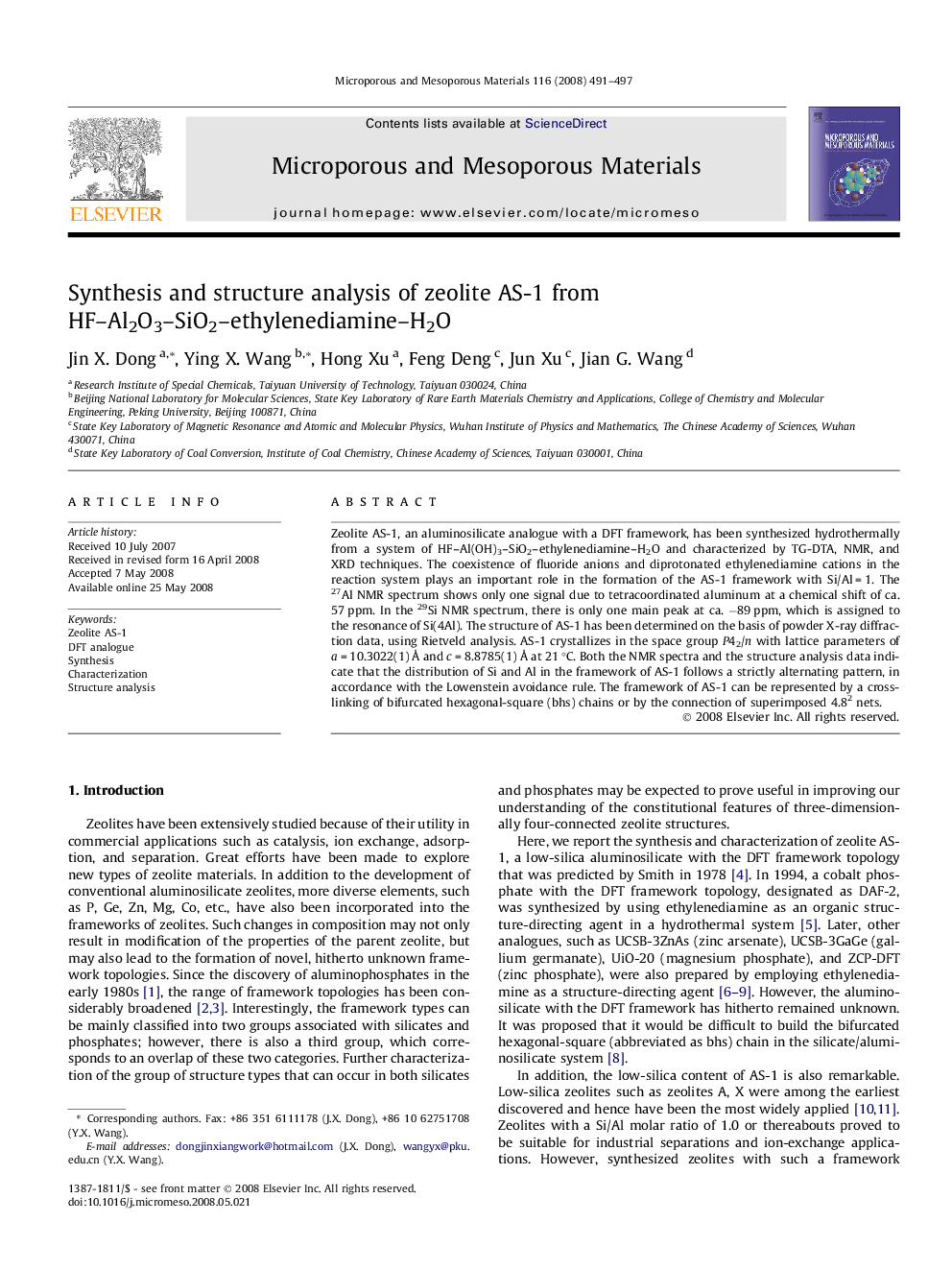 Synthesis and structure analysis of zeolite AS-1 from HF–Al2O3–SiO2–ethylenediamine–H2O