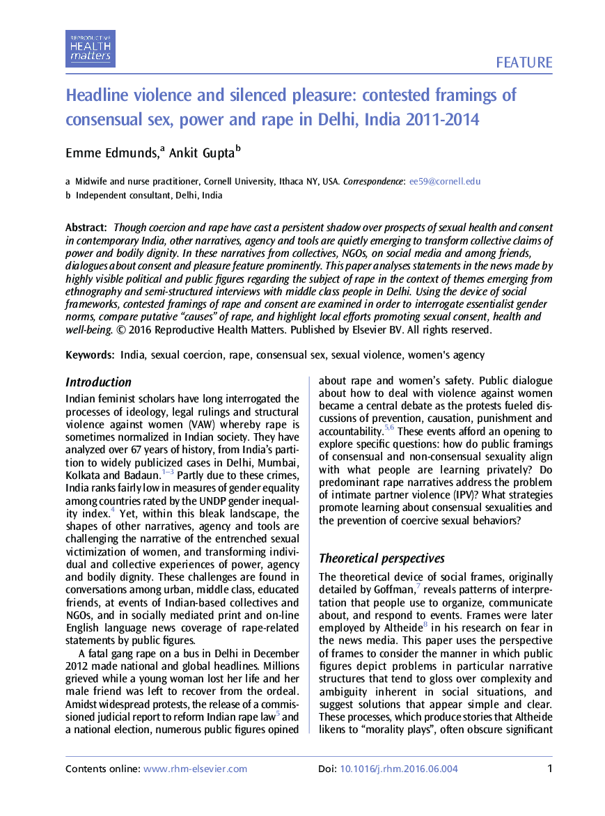 Headline violence and silenced pleasure: contested framings of consensual sex, power and rape in Delhi, India 2011-2014