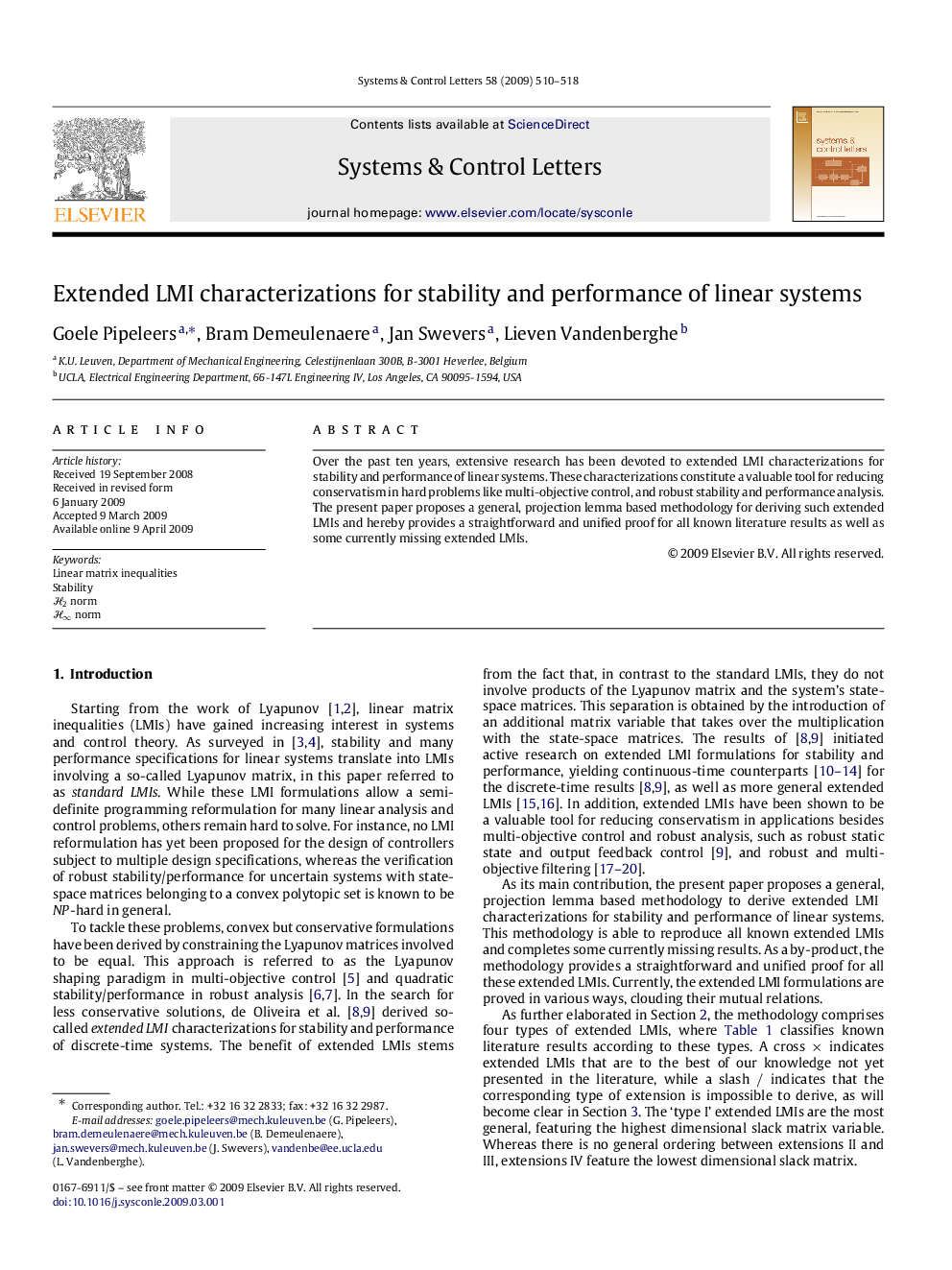 Extended LMI characterizations for stability and performance of linear systems