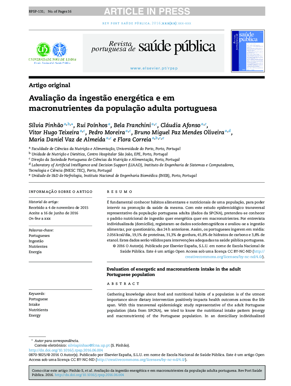 عکس صفحه اول مقاله: Avaliação da ingestão energética e em macronutrientes da população adulta portuguesa Avaliação da ingestão energética e em macronutrientes da população adulta portuguesa