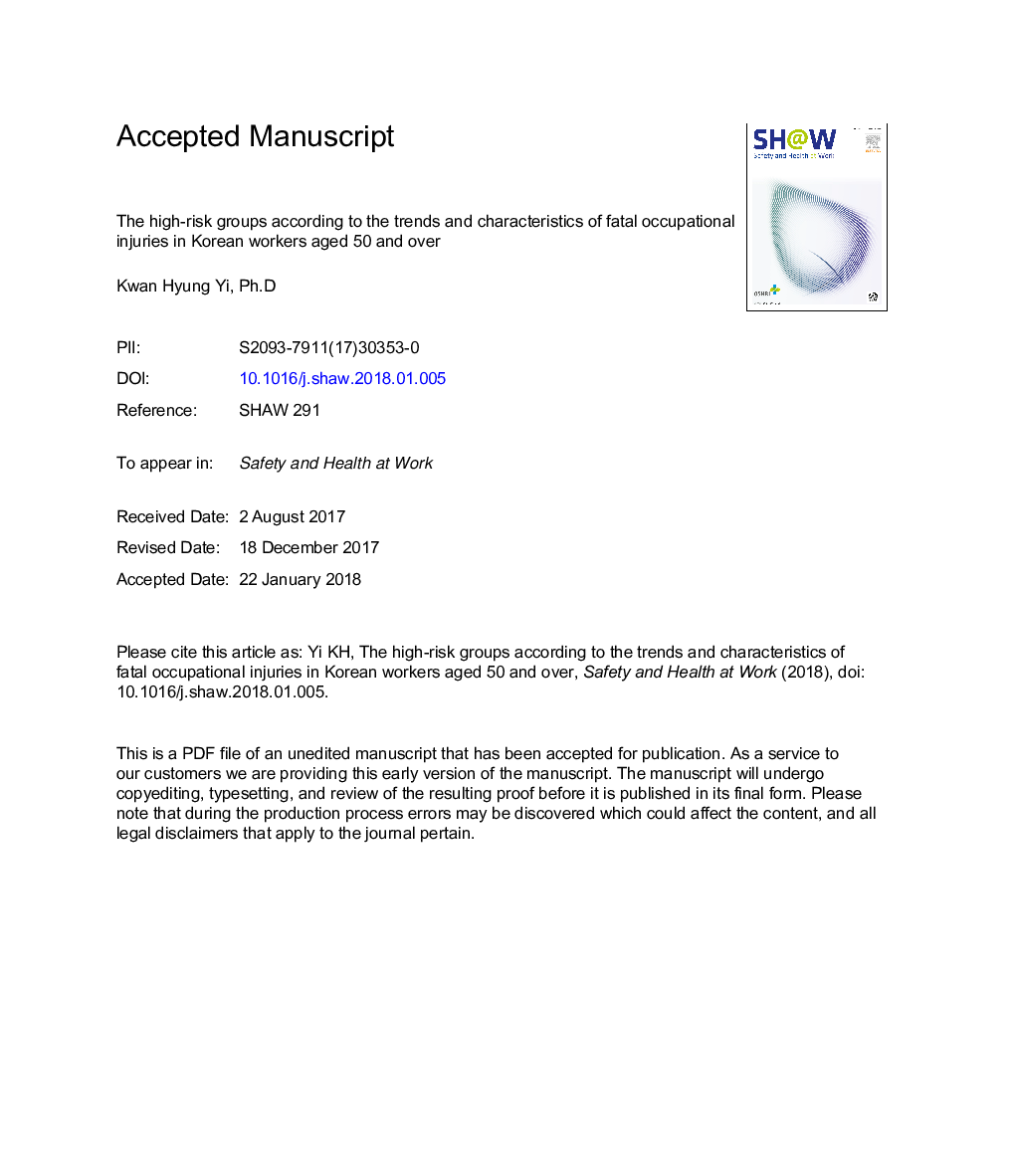 The High-risk Groups According to the Trends and Characteristics of Fatal Occupational Injuries in Korean Workers Aged 50 Years and Above