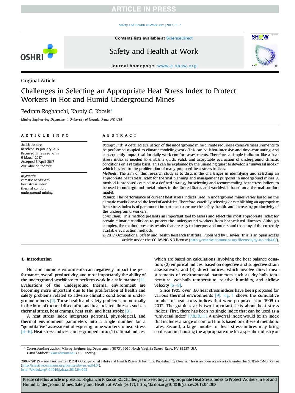 Challenges in Selecting an Appropriate Heat Stress Index to Protect Workers in Hot and Humid Underground Mines