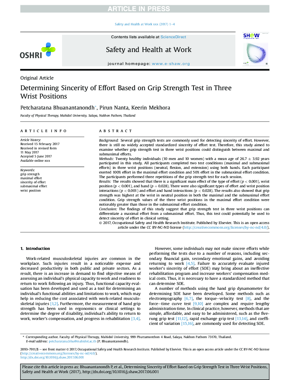 Determining Sincerity of Effort Based on Grip Strength Test in Three Wrist Positions