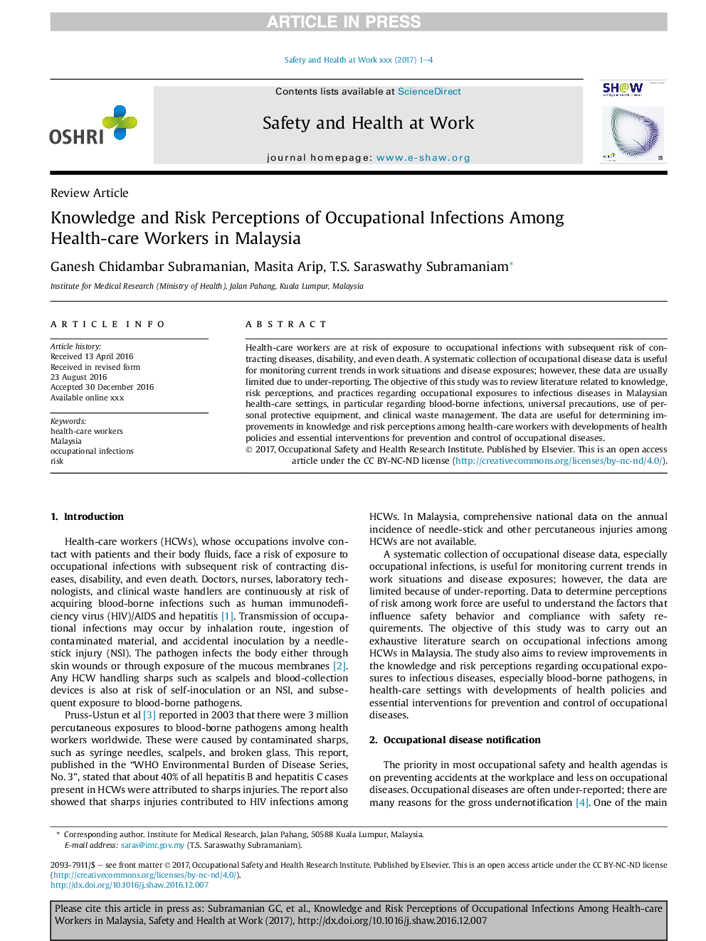 Knowledge and Risk Perceptions of Occupational Infections Among Health-care Workers in Malaysia