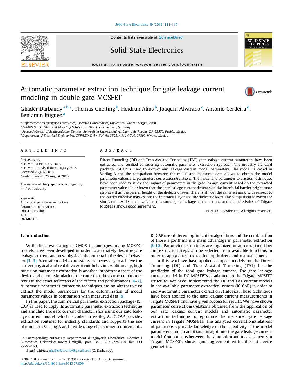 Automatic parameter extraction technique for gate leakage current modeling in double gate MOSFET