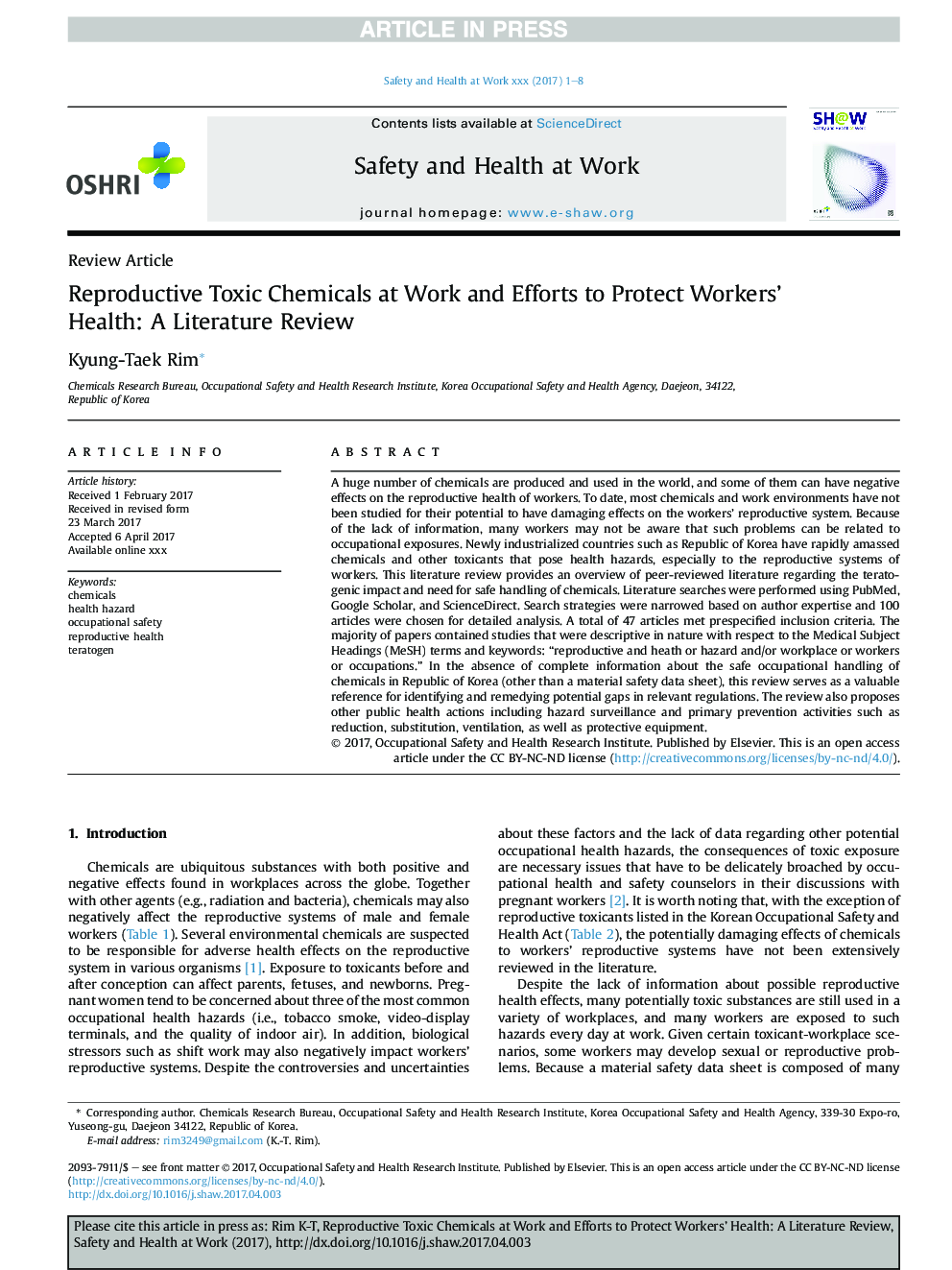 Reproductive Toxic Chemicals at Work and Efforts to Protect Workers' Health: A Literature Review