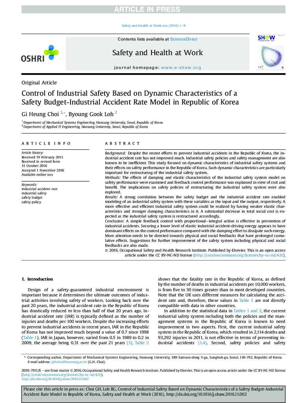 Control of Industrial Safety Based on Dynamic Characteristics ofÂ a Safety Budget-Industrial Accident Rate Model in Republic of Korea