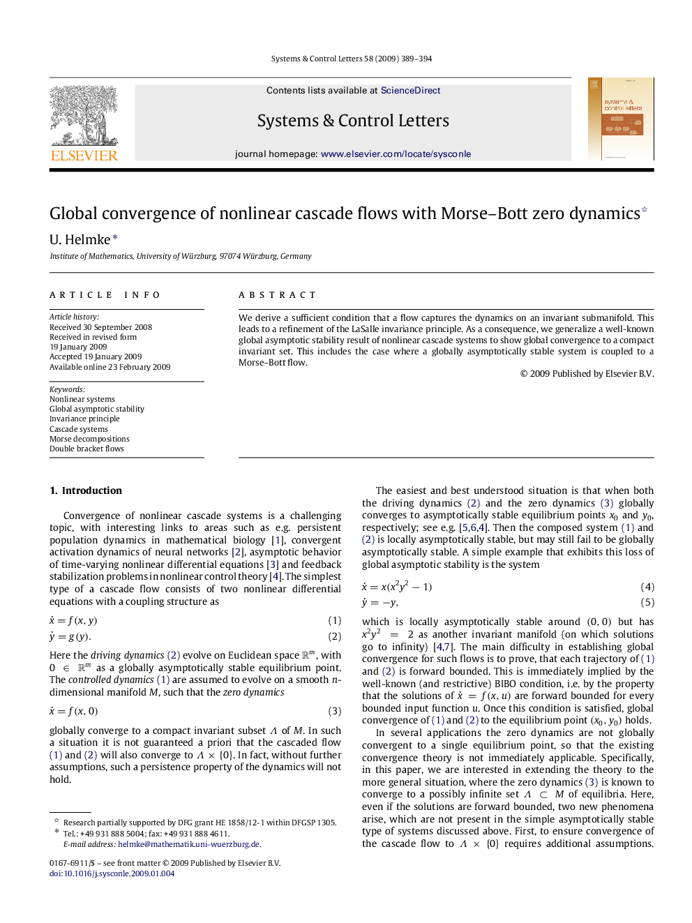 Global convergence of nonlinear cascade flows with Morse–Bott zero dynamics 