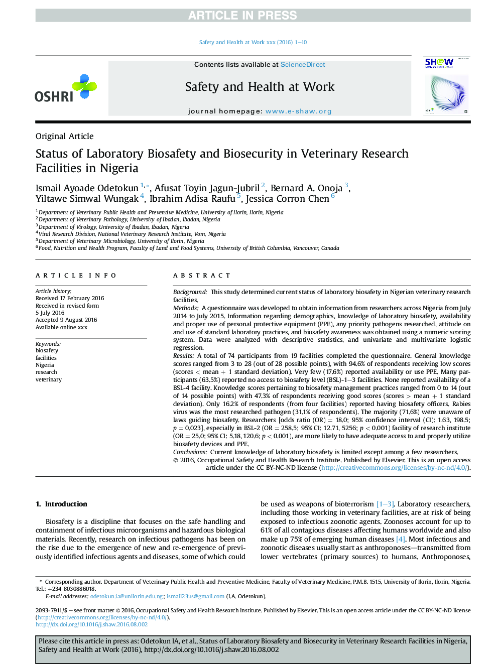 وضعیت ایمنی زیستی و بیولوژیک آزمایشگاه در مراکز تحقیقاتی دامپزشکی در نیجریه 
