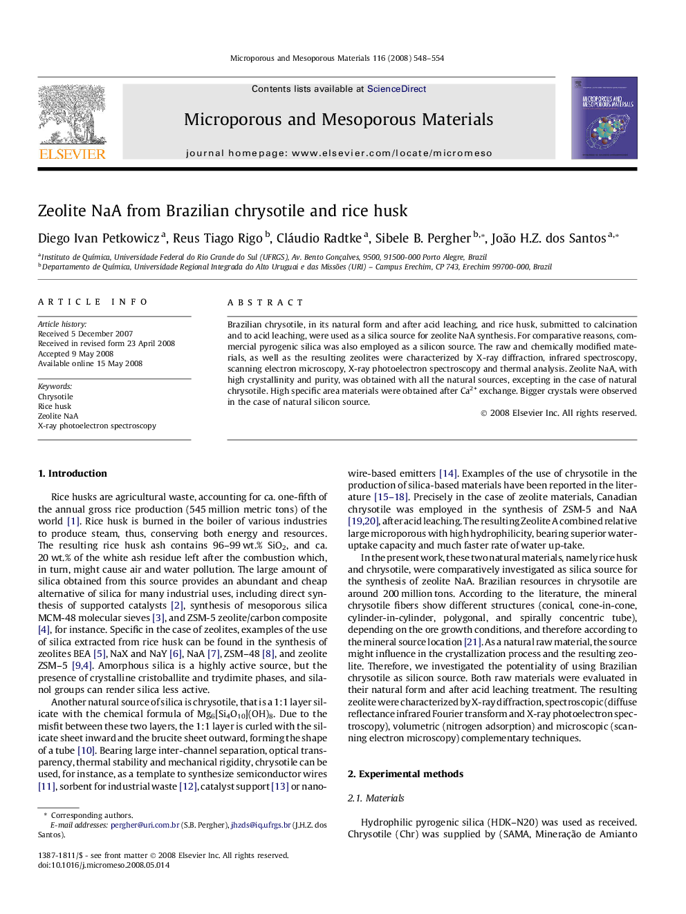 Zeolite NaA from Brazilian chrysotile and rice husk