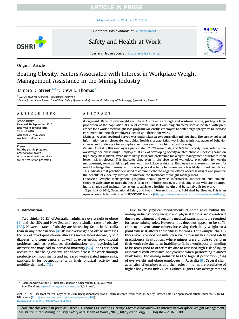 Beating Obesity: Factors Associated with Interest in Workplace Weight Management Assistance in the Mining Industry