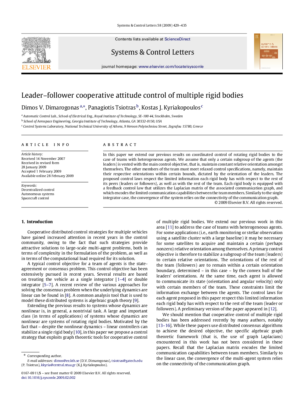 Leader–follower cooperative attitude control of multiple rigid bodies