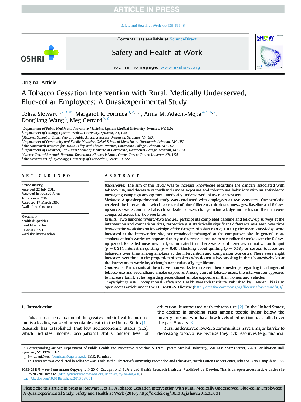 A Tobacco Cessation Intervention with Rural, Medically Underserved, Blue-collar Employees: A Quasiexperimental Study