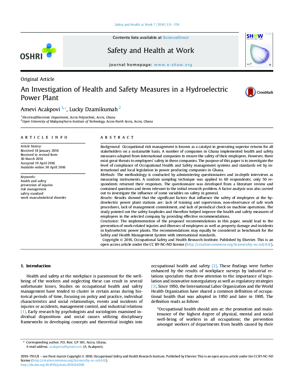 An Investigation of Health and Safety Measures in a Hydroelectric Power Plant