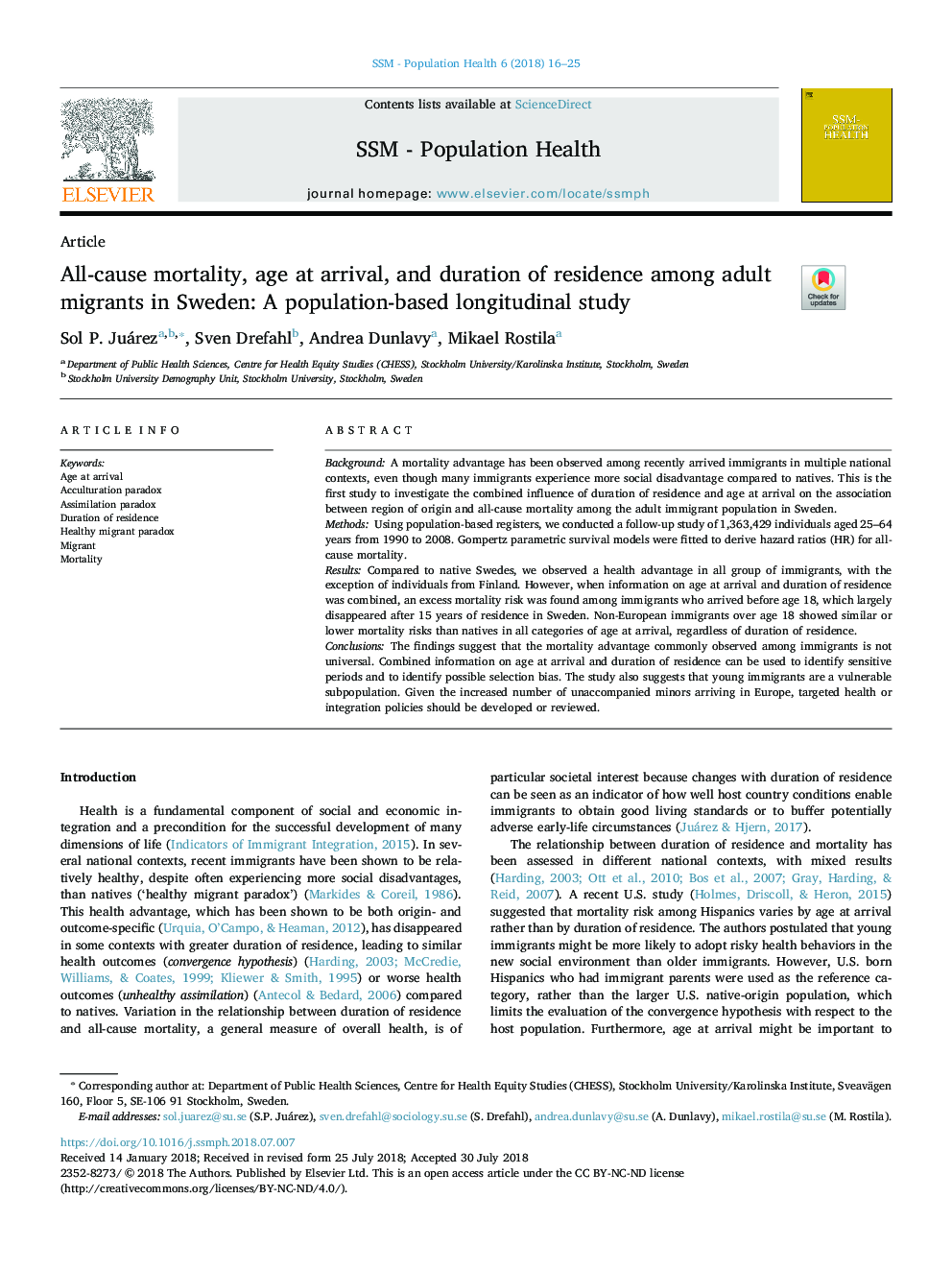 All-cause mortality, age at arrival, and duration of residence among adult migrants in Sweden: A population-based longitudinal study