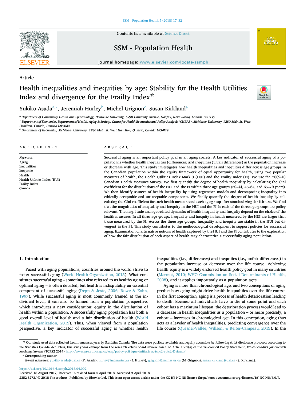 Health inequalities and inequities by age: Stability for the Health Utilities Index and divergence for the Frailty Index