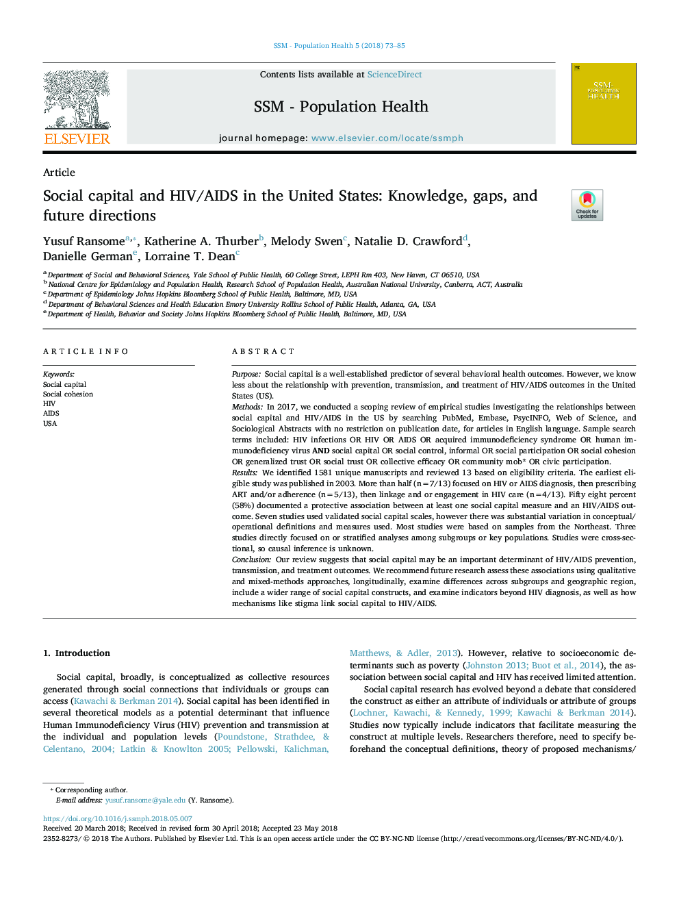 Social capital and HIV/AIDS in the United States: Knowledge, gaps, and future directions