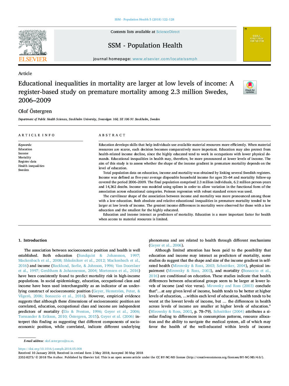 Educational inequalities in mortality are larger at low levels of income: A register-based study on premature mortality among 2.3 million Swedes, 2006-2009