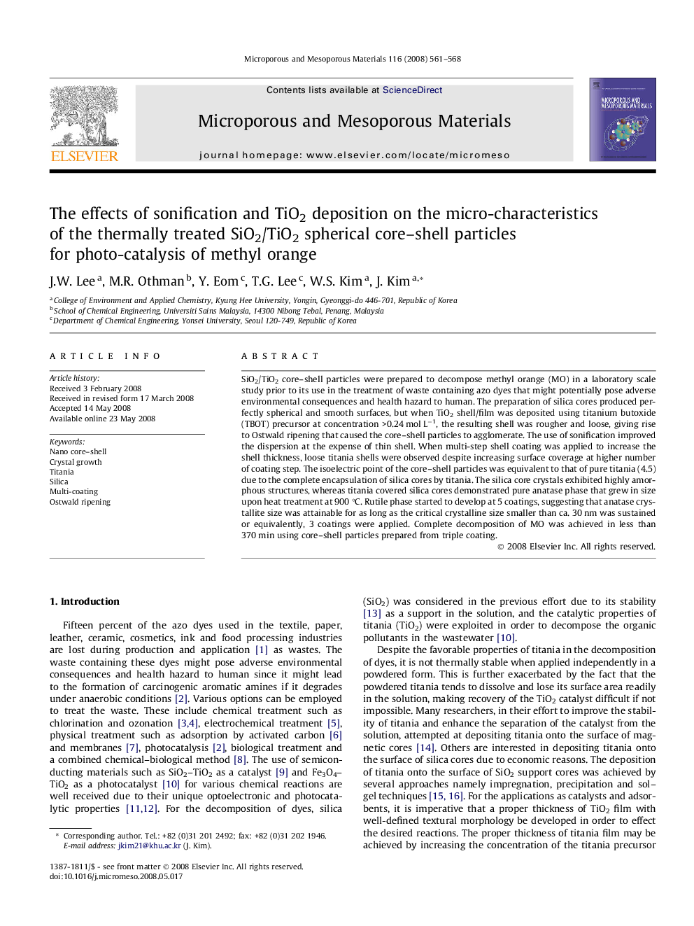 The effects of sonification and TiO2 deposition on the micro-characteristics of the thermally treated SiO2/TiO2 spherical core–shell particles for photo-catalysis of methyl orange