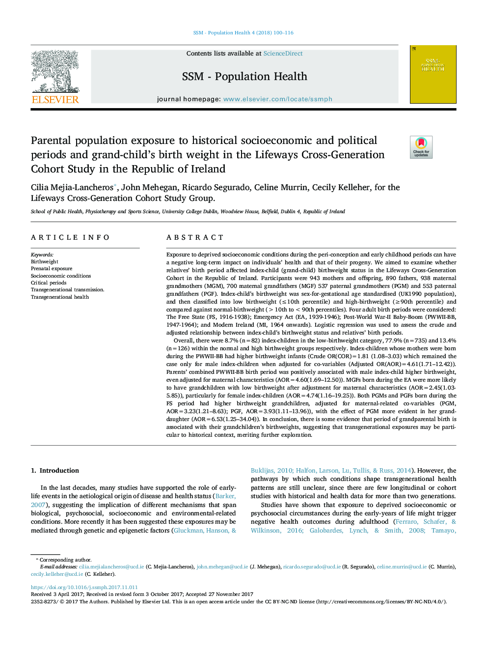 Parental population exposure to historical socioeconomic and political periods and grand-child's birth weight in the Lifeways Cross-Generation Cohort Study in the Republic of Ireland