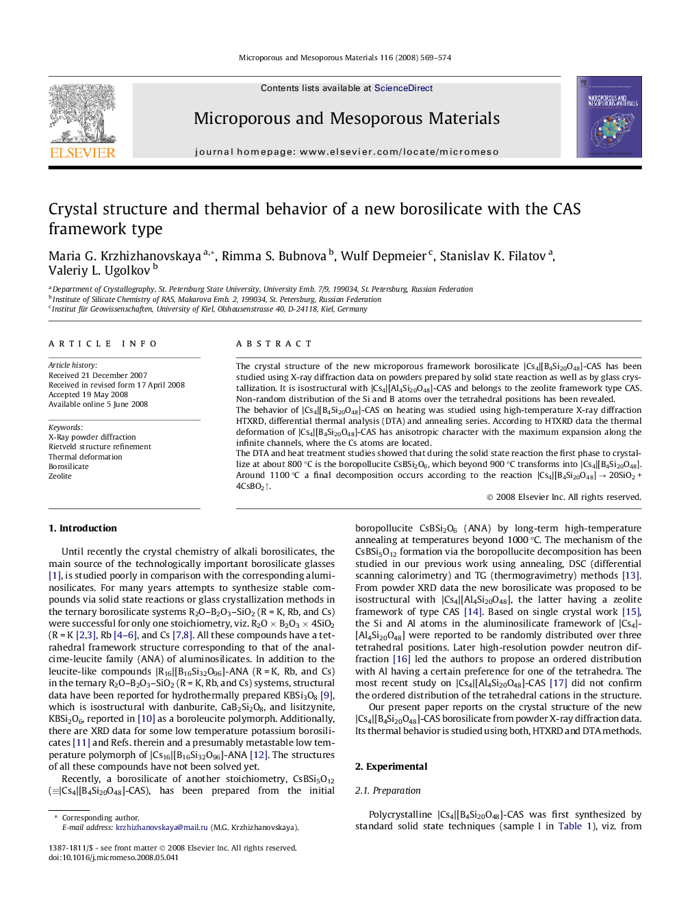 Crystal structure and thermal behavior of a new borosilicate with the CAS framework type