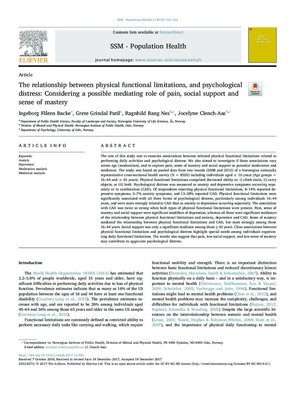 The relationship between physical functional limitations, and psychological distress: Considering a possible mediating role of pain, social support and sense of mastery