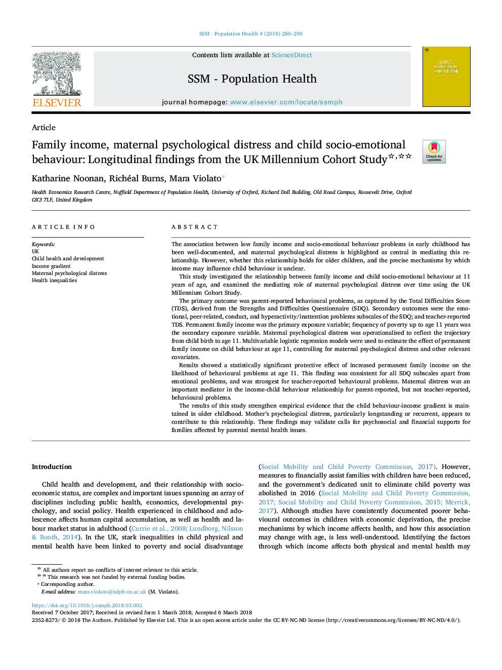 Family income, maternal psychological distress and child socio-emotional behaviour: Longitudinal findings from the UK Millennium Cohort Study