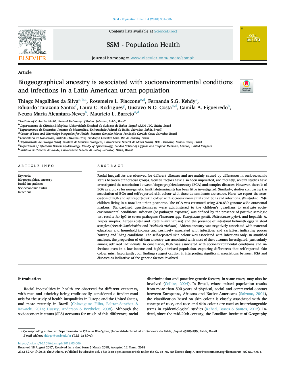 Biogeographical ancestry is associated with socioenvironmental conditions and infections in a Latin American urban population