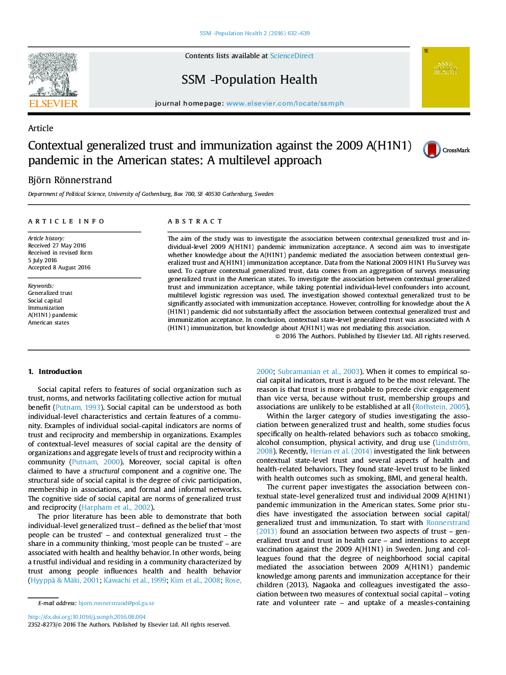 Contextual generalized trust and immunization against the 2009 A(H1N1) pandemic in the American states: A multilevel approach