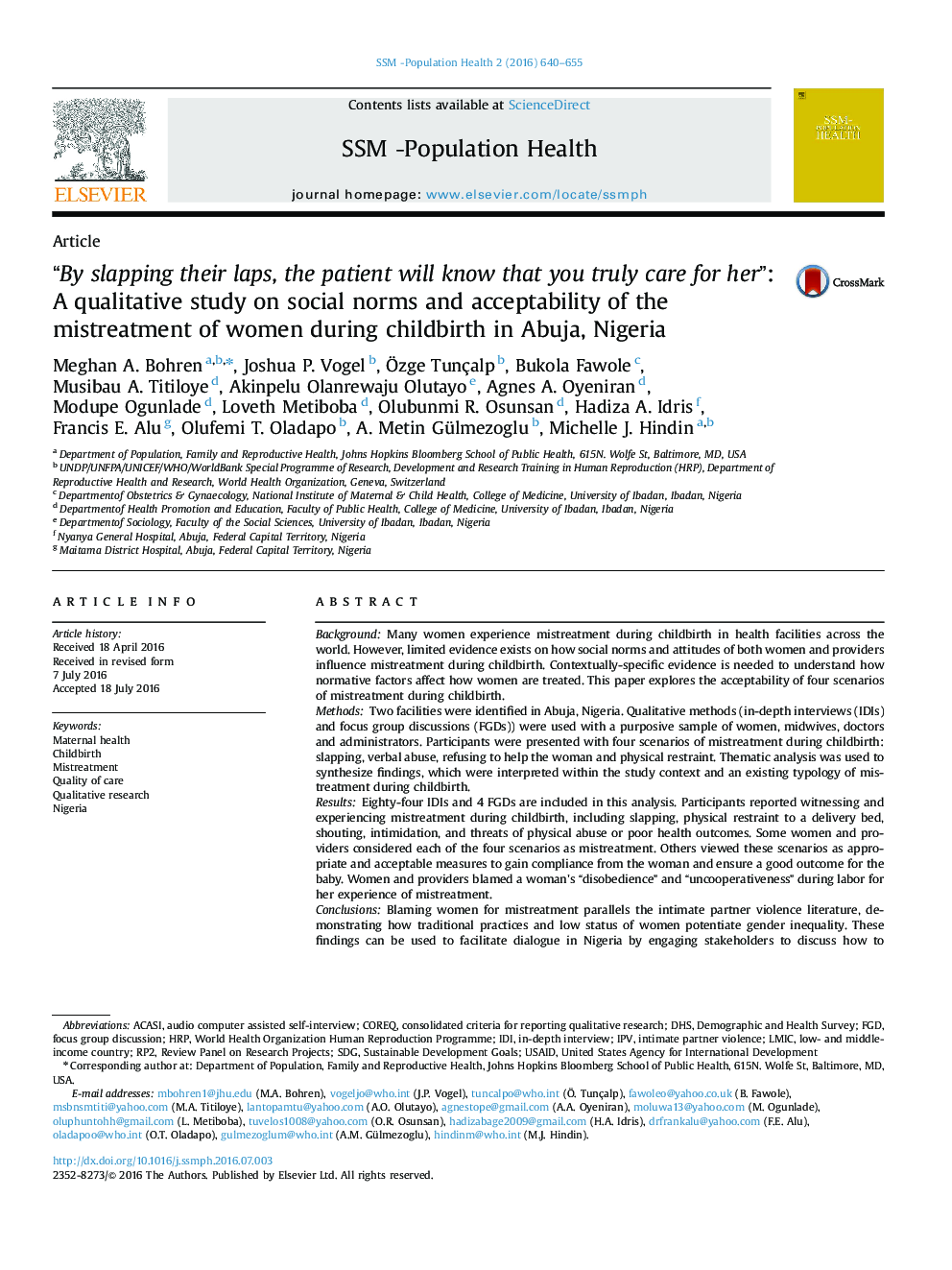 “By slapping their laps, the patient will know that you truly care for her”: A qualitative study on social norms and acceptability of the mistreatment of women during childbirth in Abuja, Nigeria