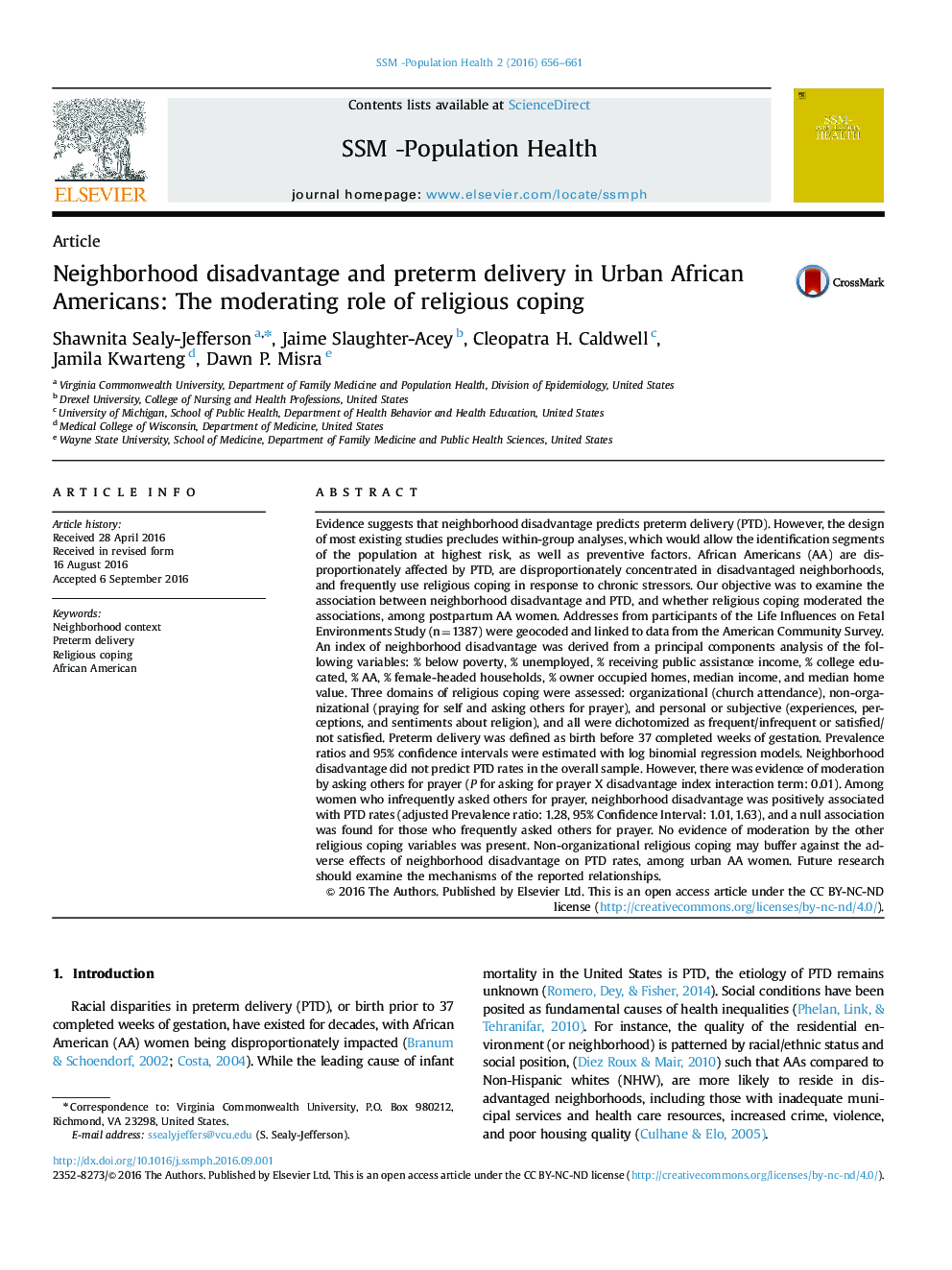 Neighborhood disadvantage and preterm delivery in Urban African Americans: The moderating role of religious coping