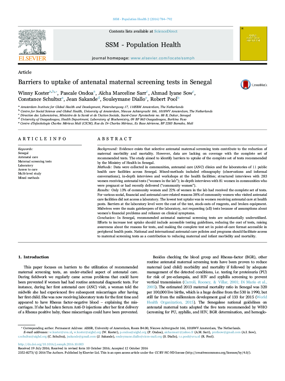 Barriers to uptake of antenatal maternal screening tests in Senegal