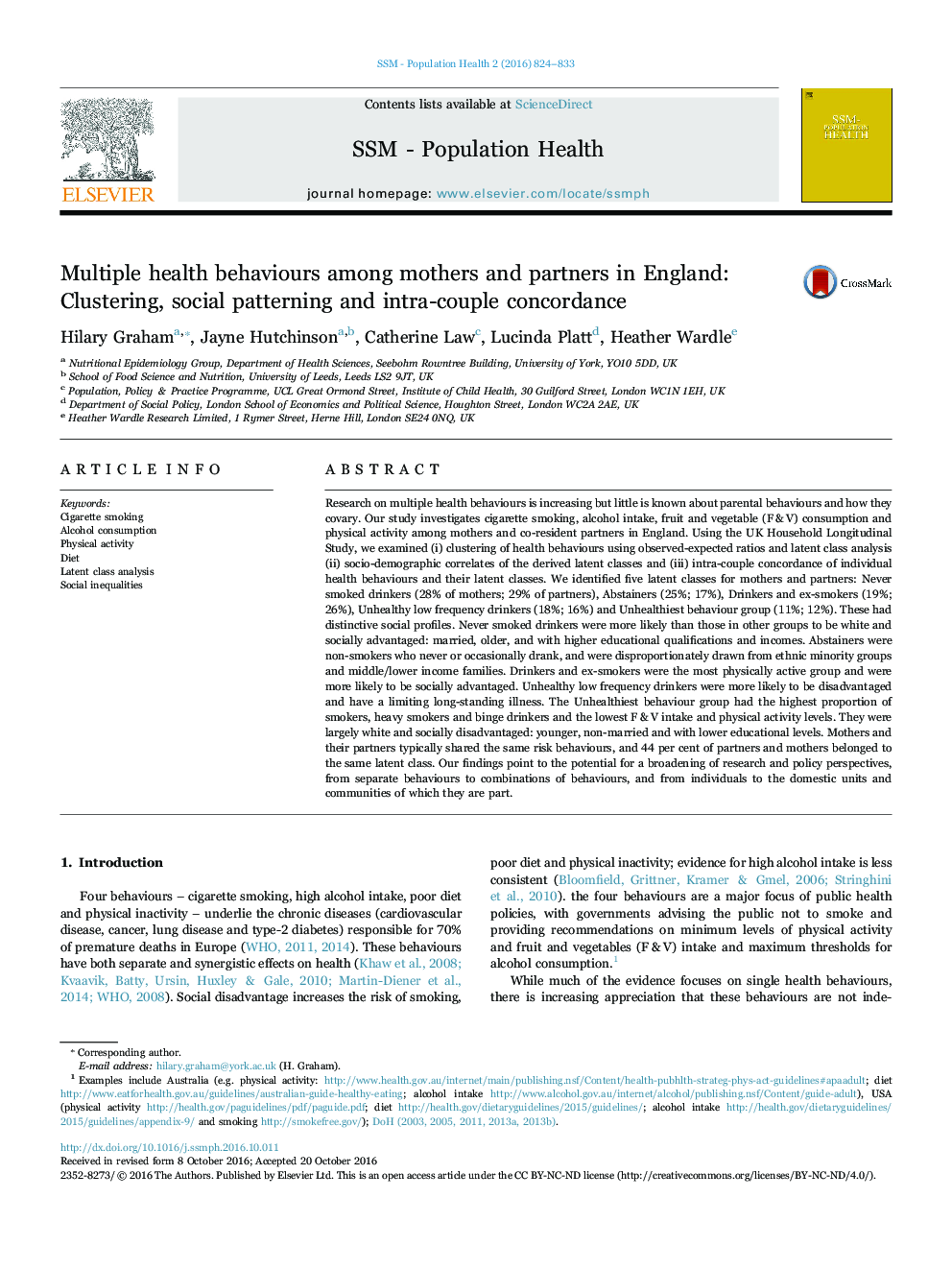 Multiple health behaviours among mothers and partners in England: Clustering, social patterning and intra-couple concordance