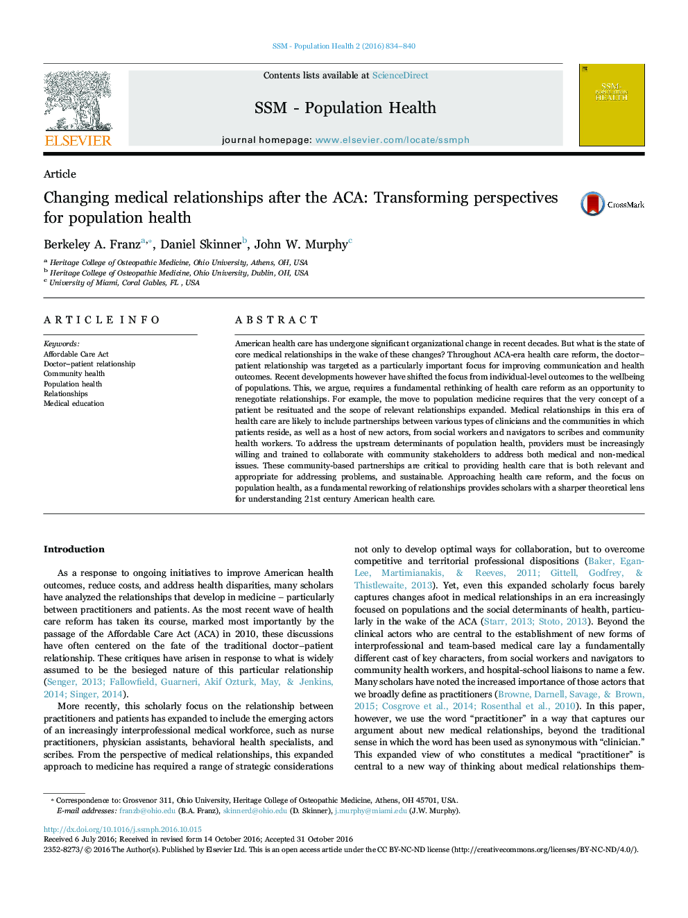 Changing medical relationships after the ACA: Transforming perspectives for population health