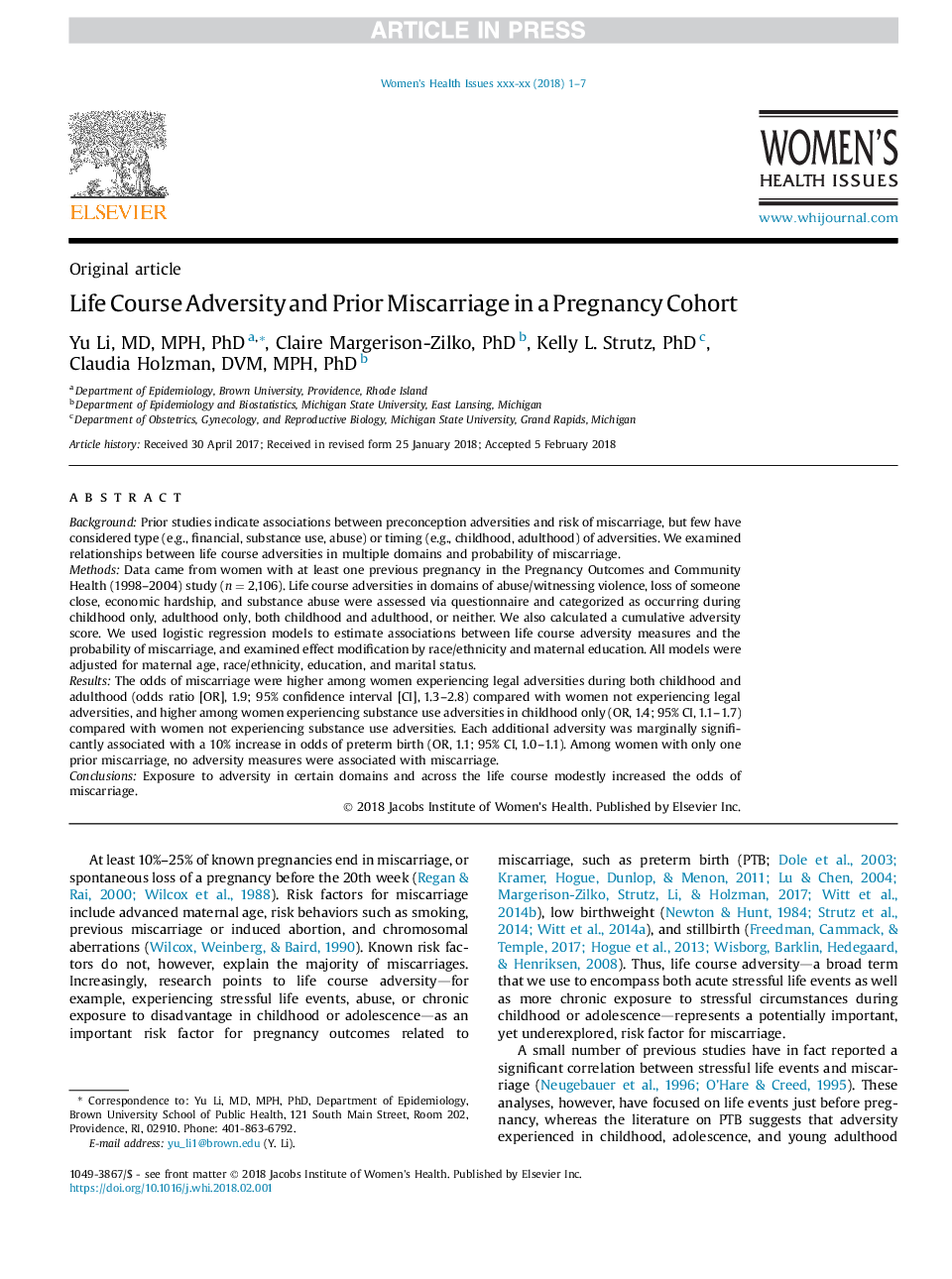 Life Course Adversity and Prior Miscarriage in a Pregnancy Cohort