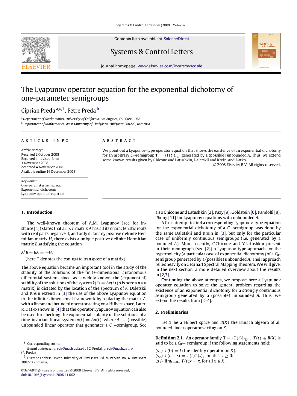 The Lyapunov operator equation for the exponential dichotomy of one-parameter semigroups